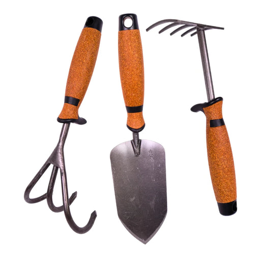Set of 3 - Ergonomic European Cork-grip Trowel, Rake and Cultivator